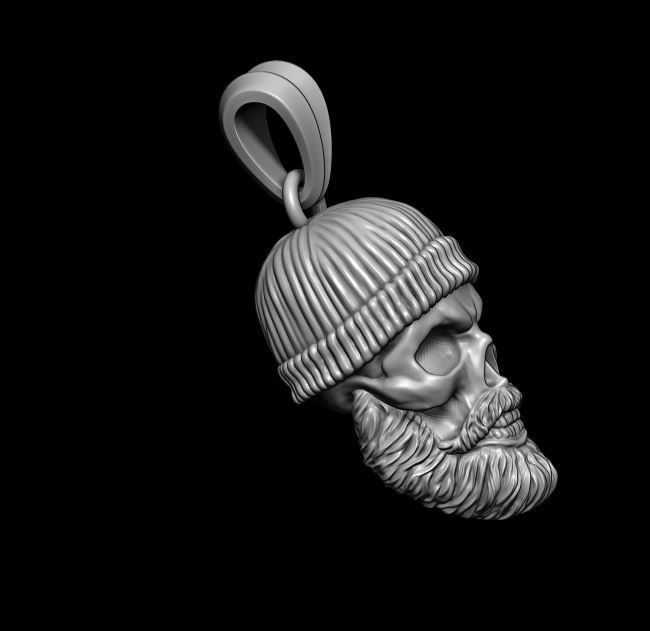 Bearded skull pendant with hat 3D print model_3