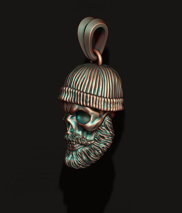 Bearded skull pendant with hat 3D print model_4