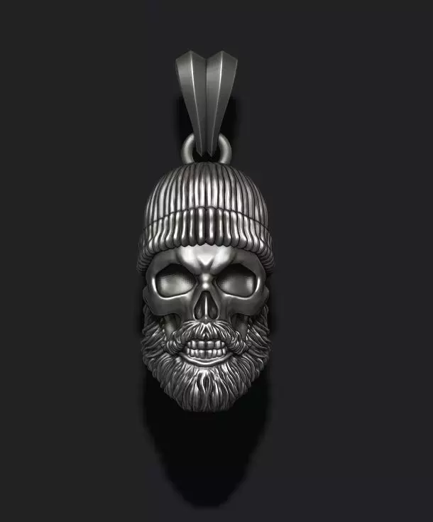 Bearded skull pendant with hat 3D print model_0