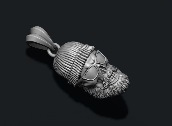 Bearded skull pendant with hat and sunglass 3D print model_3