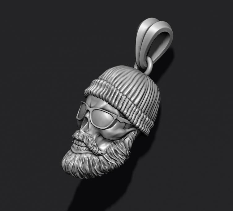 Bearded skull pendant with hat and sunglass 3D print model_2