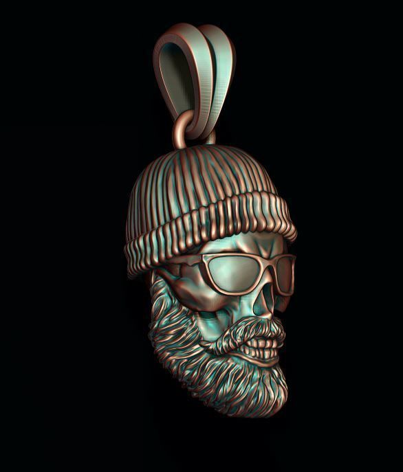 Bearded skull pendant with hat and sunglass 3D print model_1