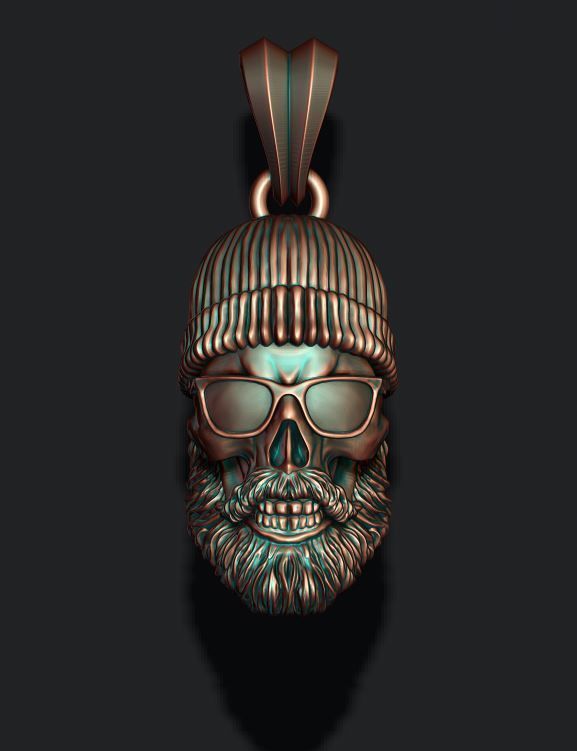 Bearded skull pendant with hat and sunglass 3D print model_4
