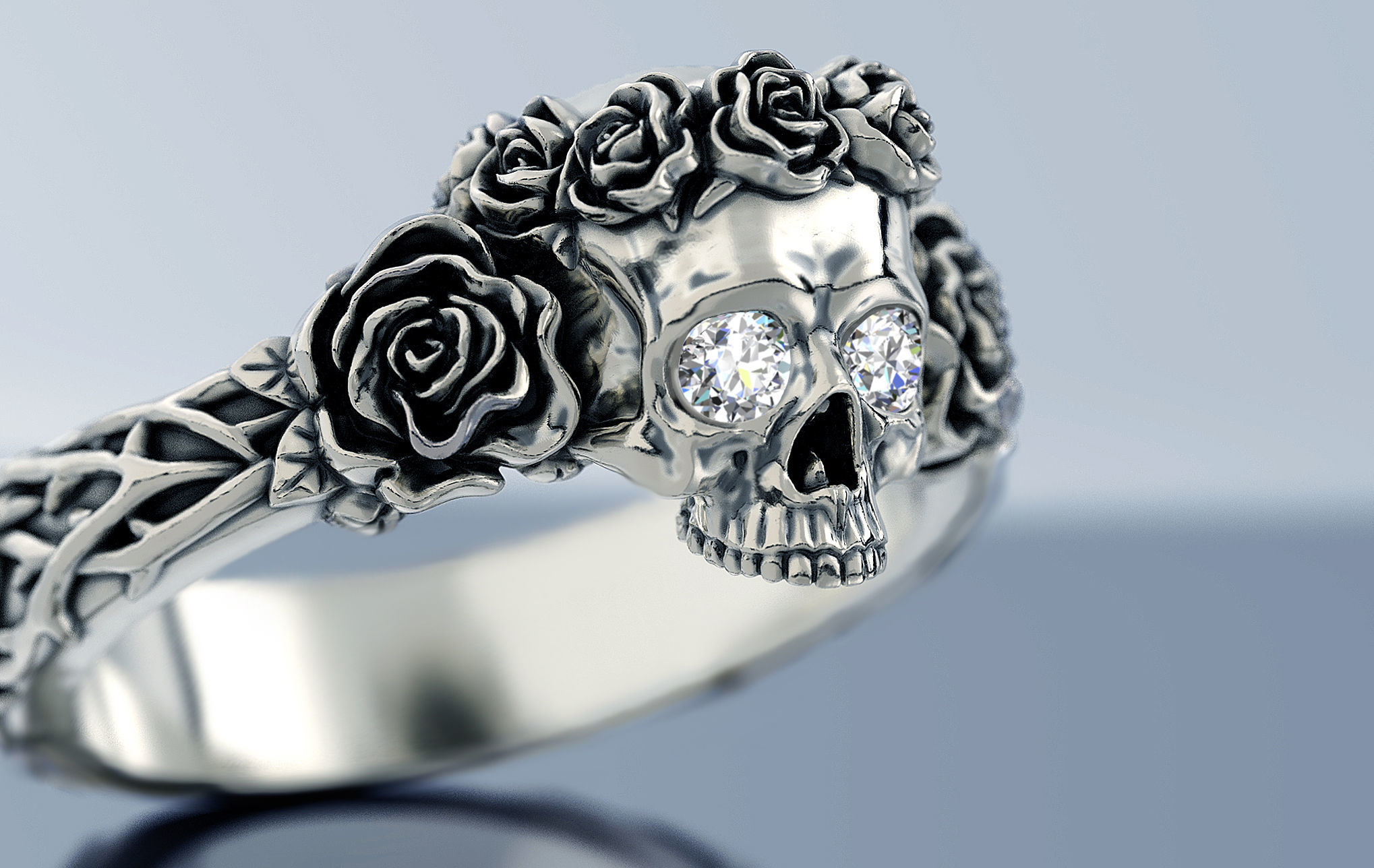 Skull and Roses Ring 3D print model_2