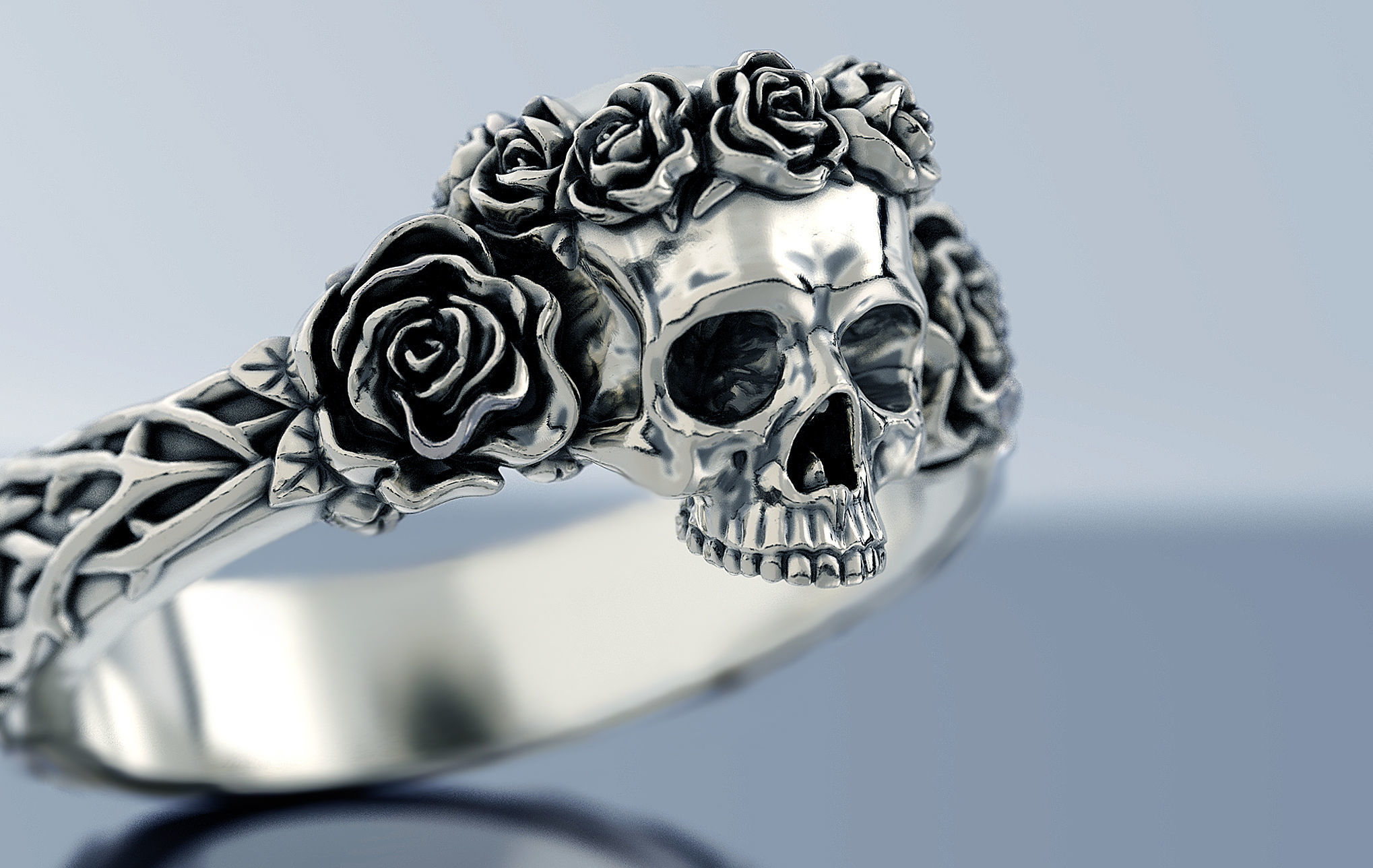 Skull and Roses Ring 3D print model_7