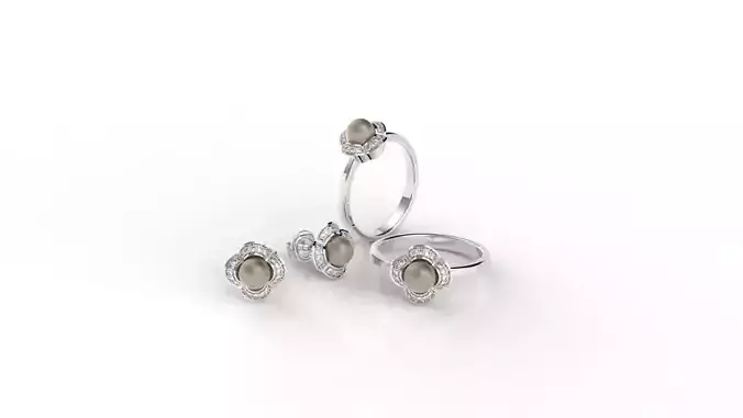 Ring and Earring of Pearls Classico flower 3D print model
