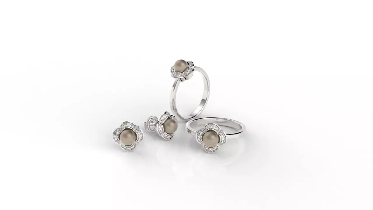 Ring and Earring of Pearls Classico flower 3D print model_0