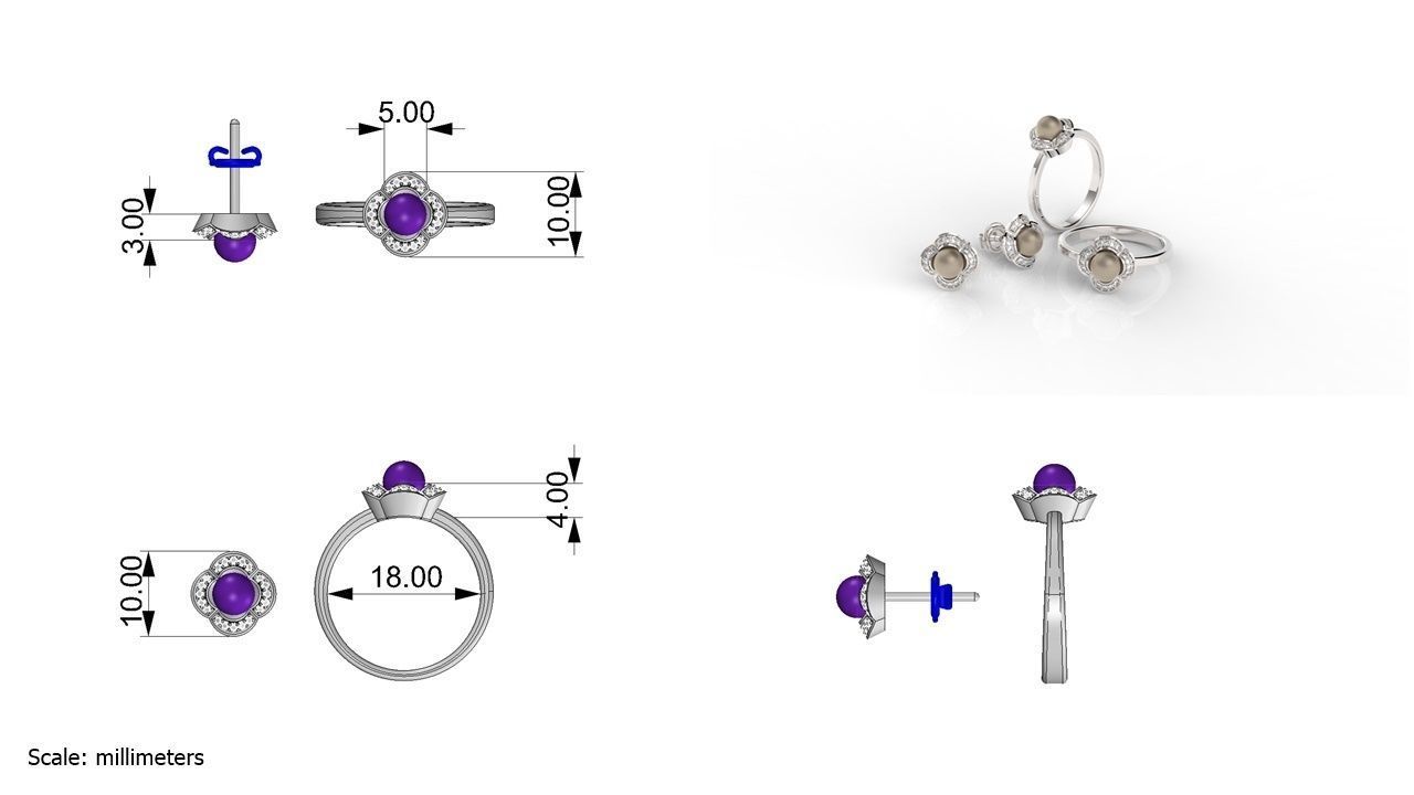 Ring and Earring of Pearls Classico flower 3D print model_8