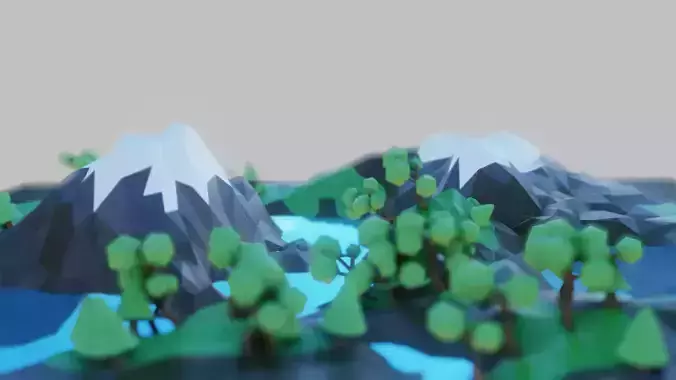 Low Poly Mountains island with trees and lake