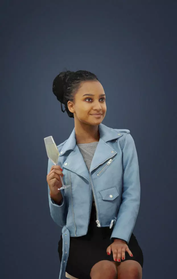 Casual African Sitting Woman In A Leather Jacket with Champagne Low-poly 3D model