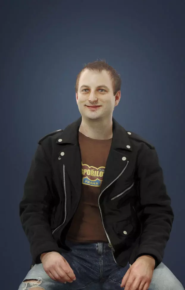 Sitting Man Victory In A Leather Jacket And Torn Jeans  Low-poly 3D model_0