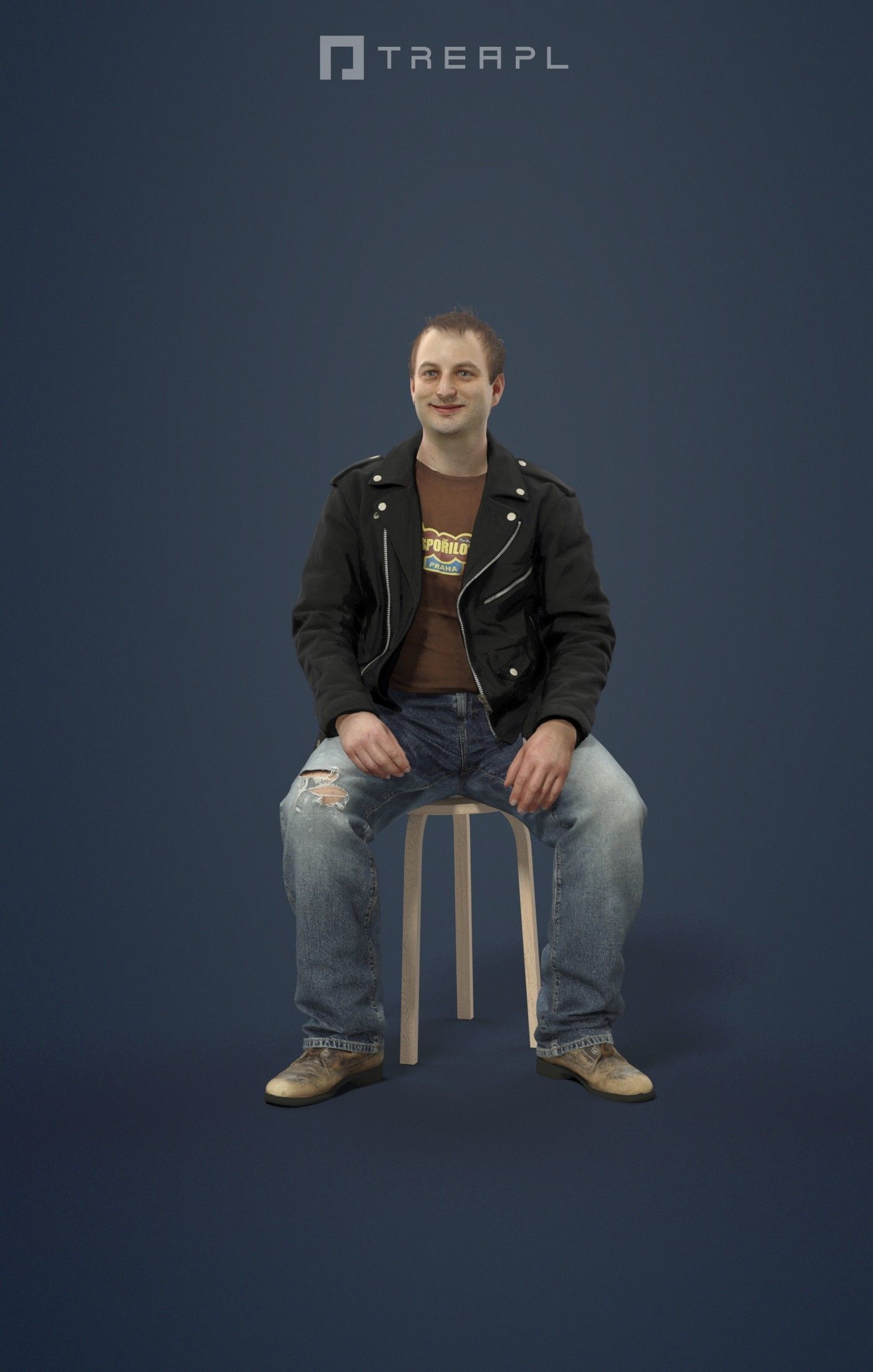 Sitting Man Victory In A Leather Jacket And Torn Jeans  Low-poly 3D model_1