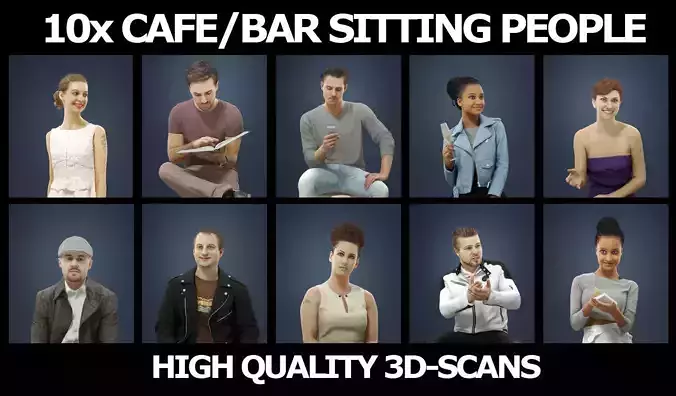 10x Cafe Bar Scanned Sitting People Vol02 3D Model Collection