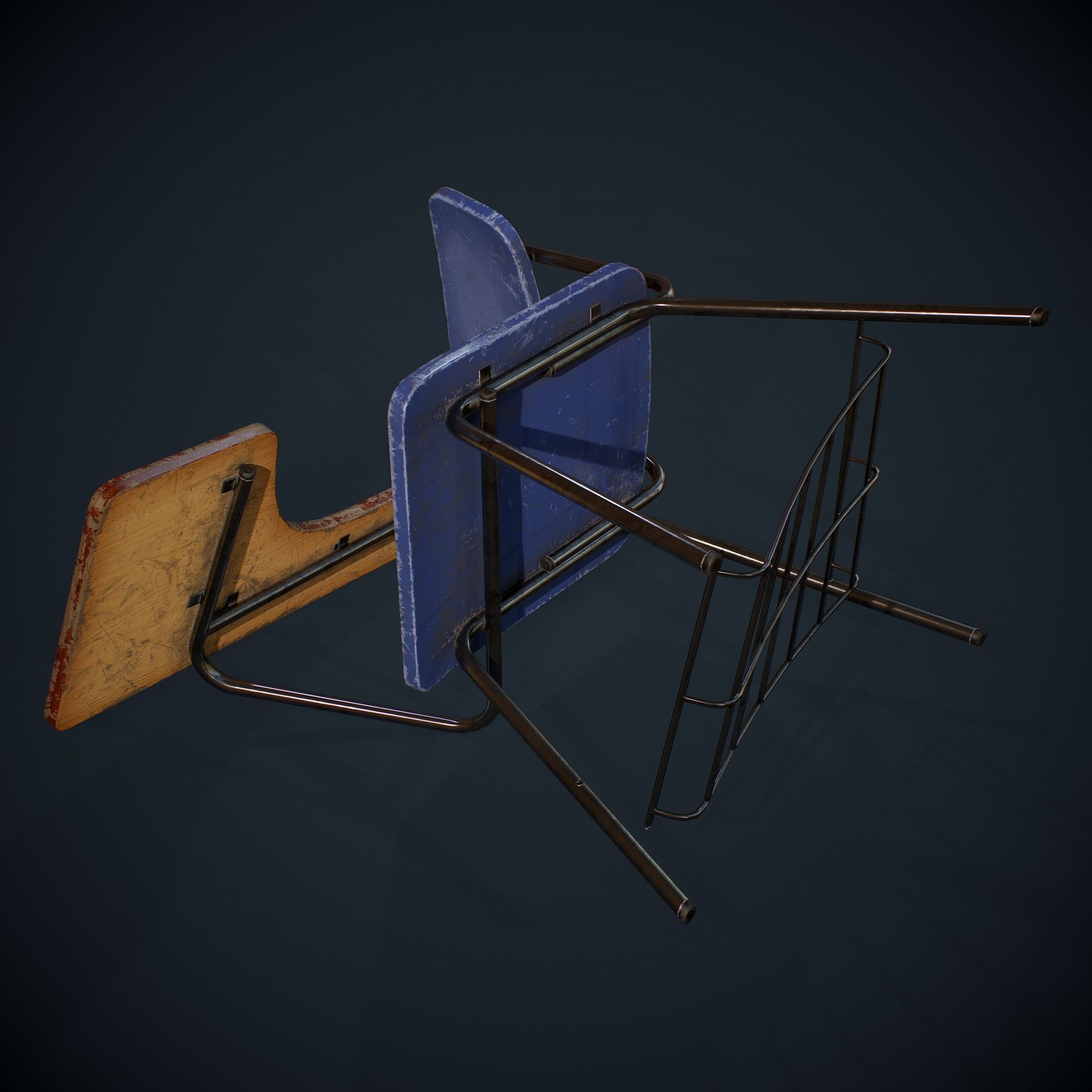 PBR Old Student Desk Low-poly 3D model_10