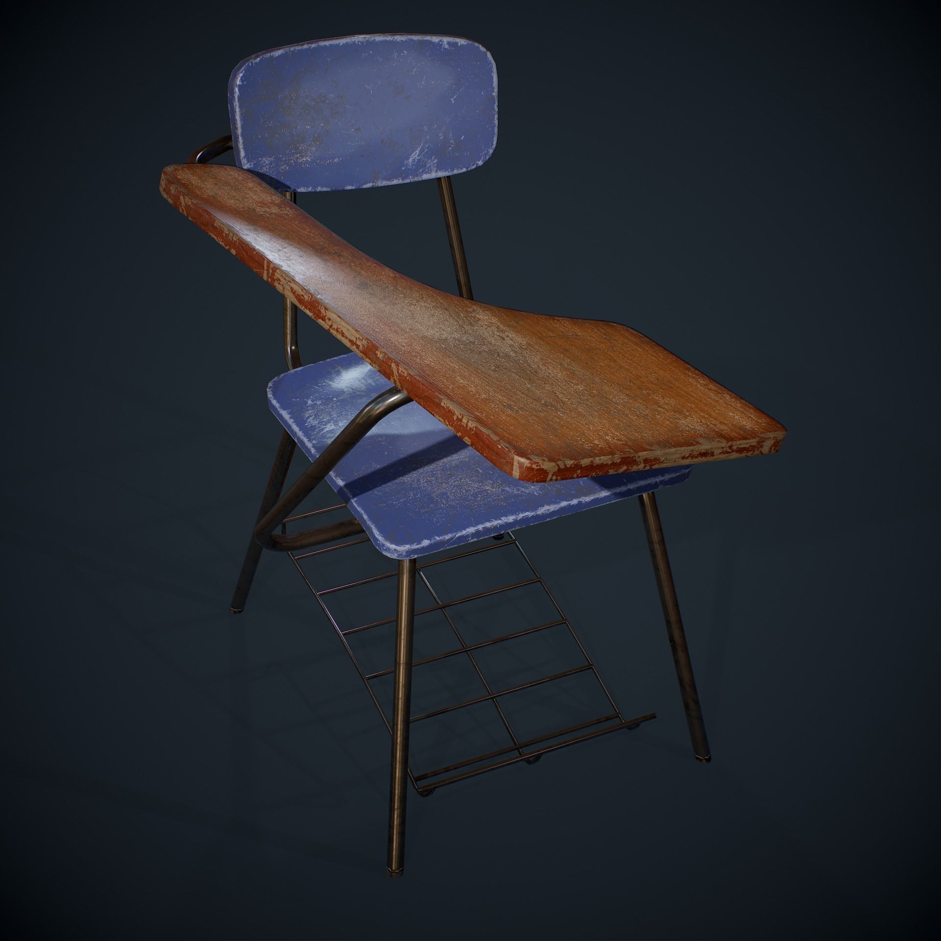 PBR Old Student Desk Low-poly 3D model_9
