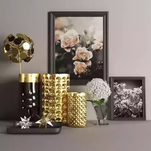 set1137 gold vases and flowers on table