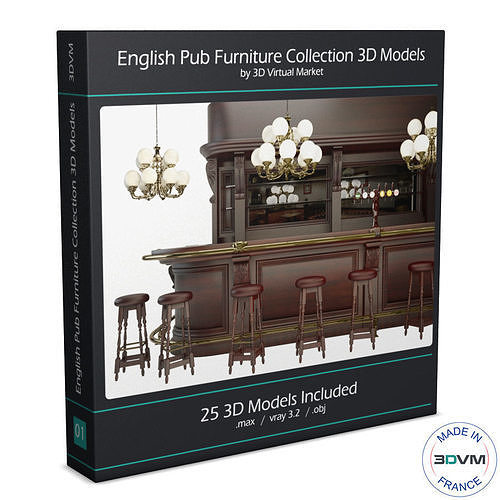 English Pub Furniture and Lighting Collection 3D model 2