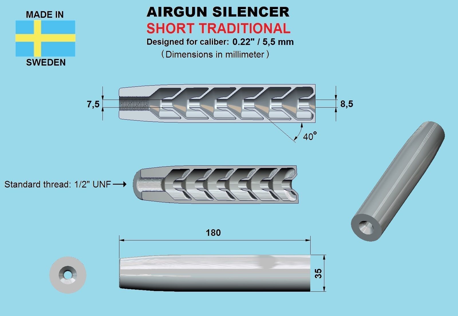 SHORTENED VERSION Air gun silencer 3D printable model 1
