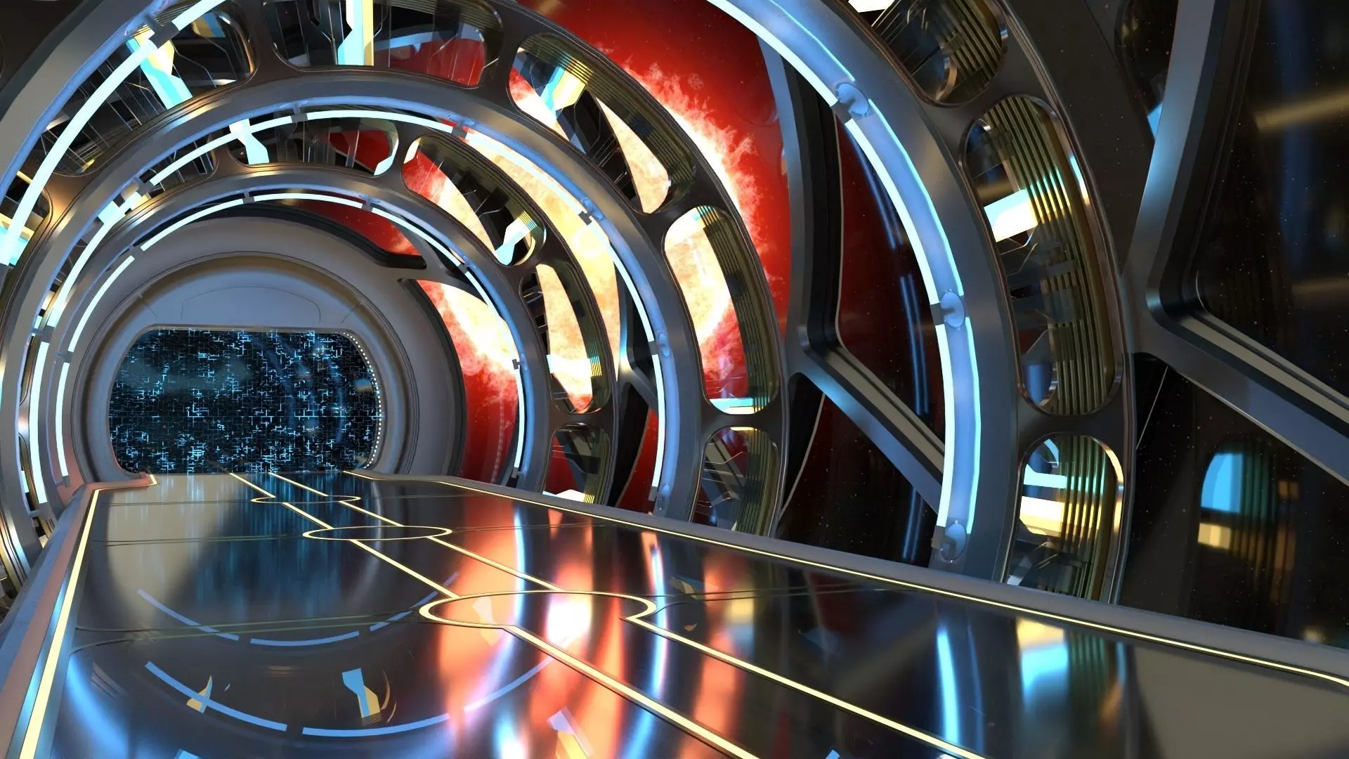 Sci Fi corridor with sun and stars 3D model_0