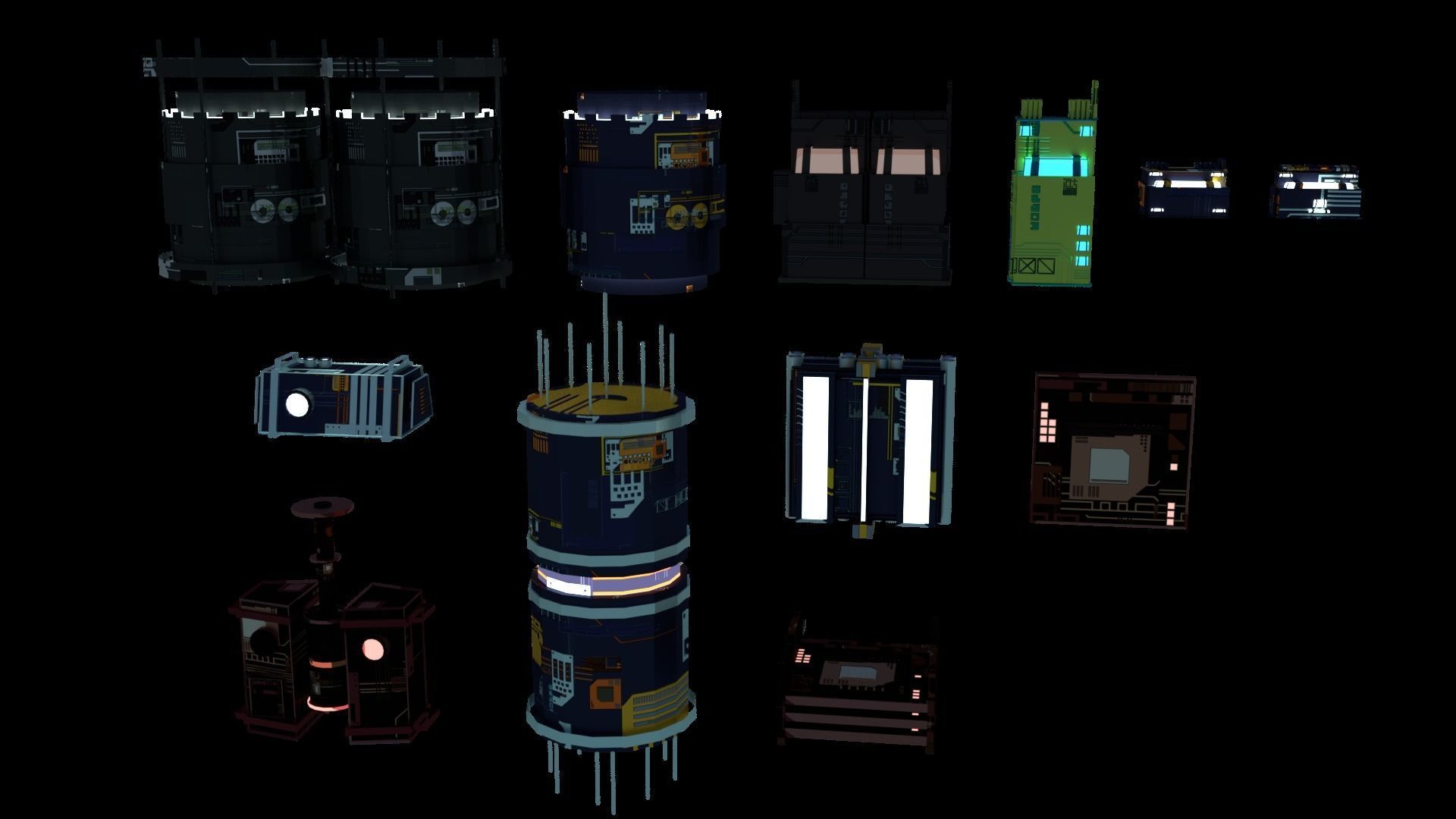 8k Sci Fi Space Props Pack Gadgets 9 Color Variants Pickups Neon Low-poly 3D model_1