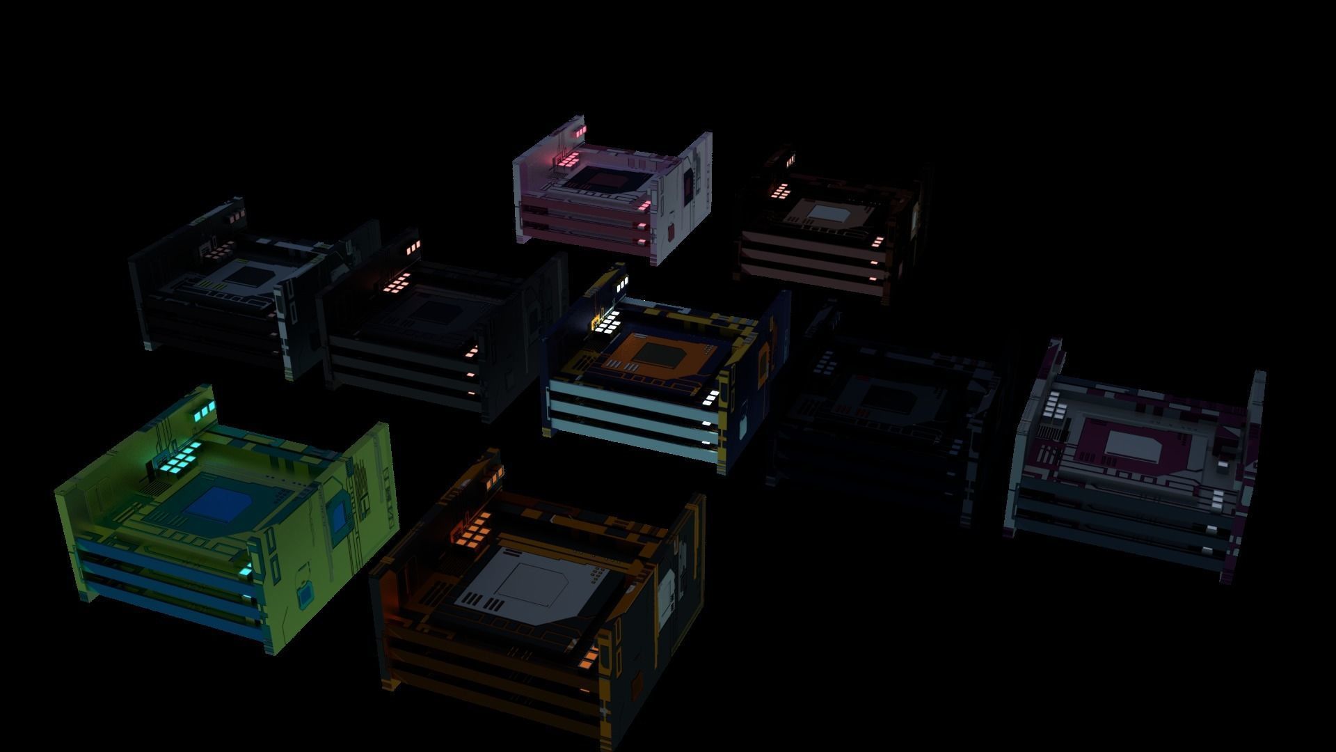 8k Sci Fi Space Props Pack Gadgets 9 Color Variants Pickups Neon Low-poly 3D model_6