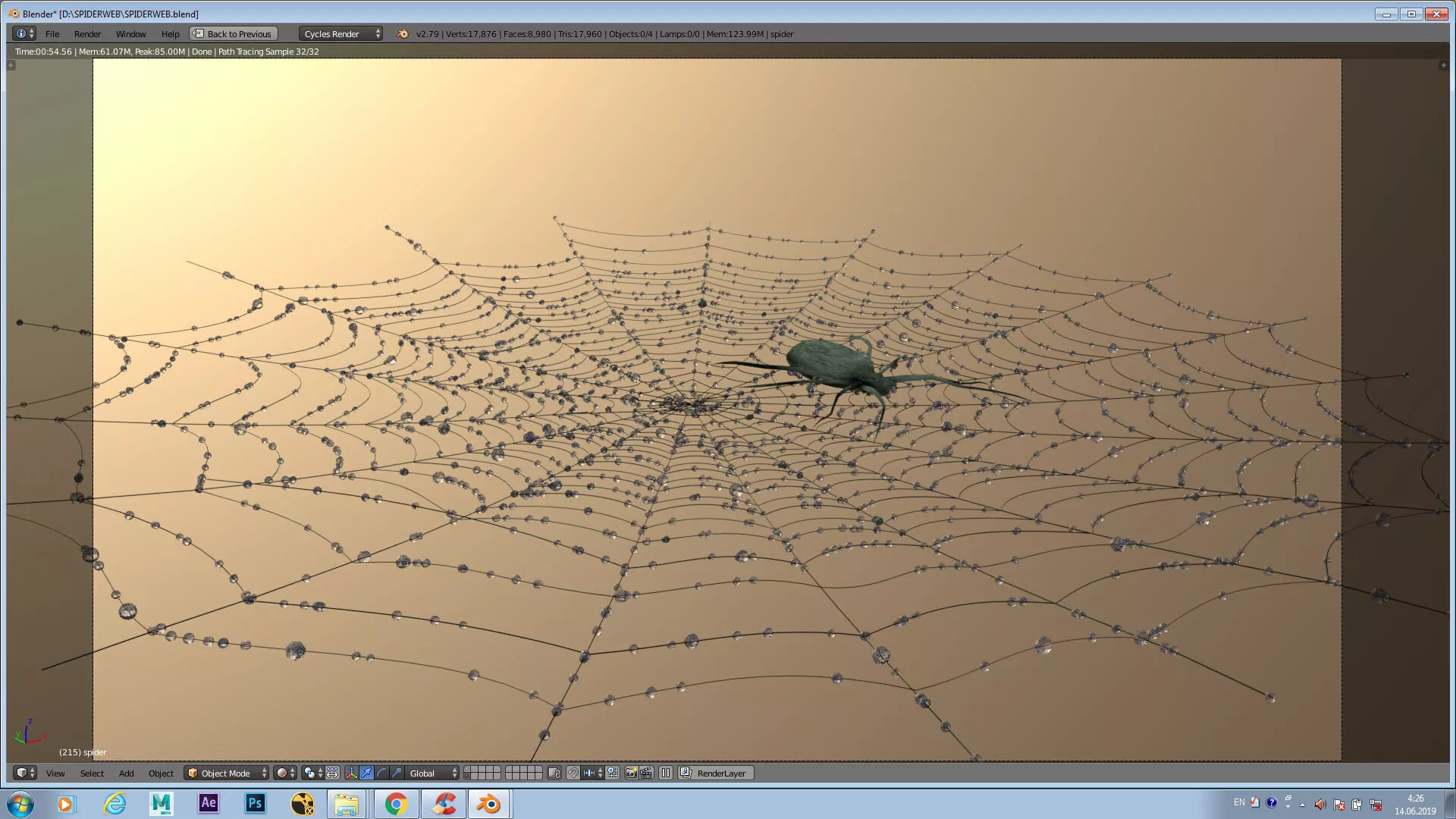 Spiderweb with water droplets animated dynamic Low-poly 3D model