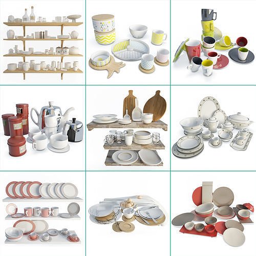Tableware Collection set of plates and bowls on shelf 3D model