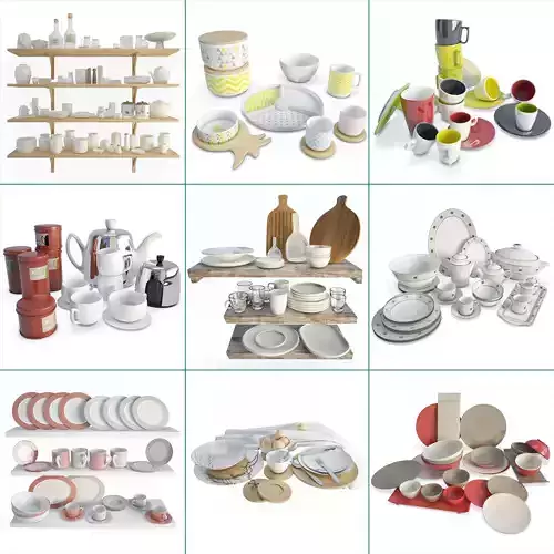 Tableware Collection set of plates and bowls on shelf 3D model