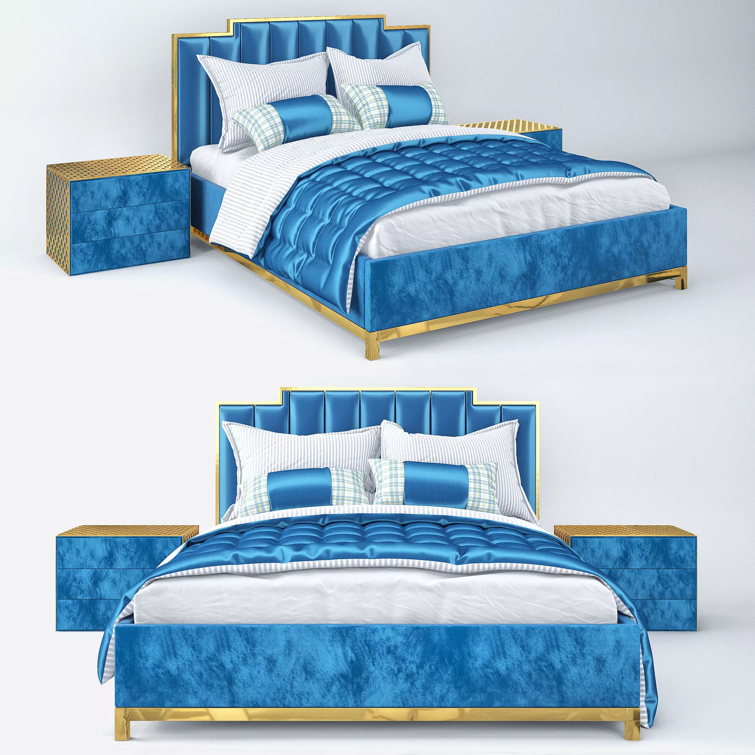 Golden blue bed 3D model_0