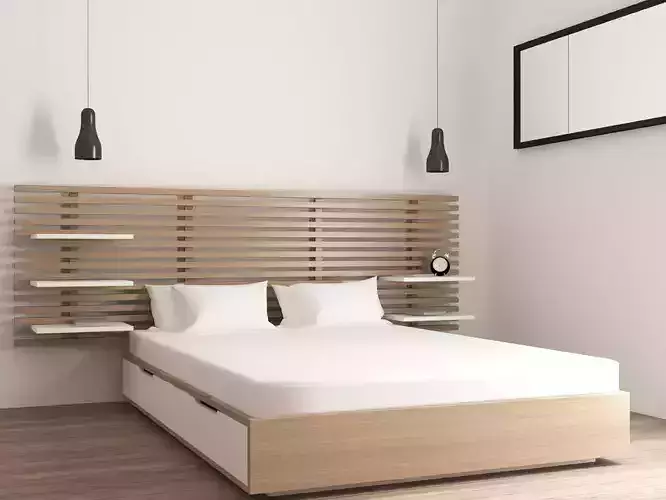 Wooden bed with pillows blanket headboard and storage space