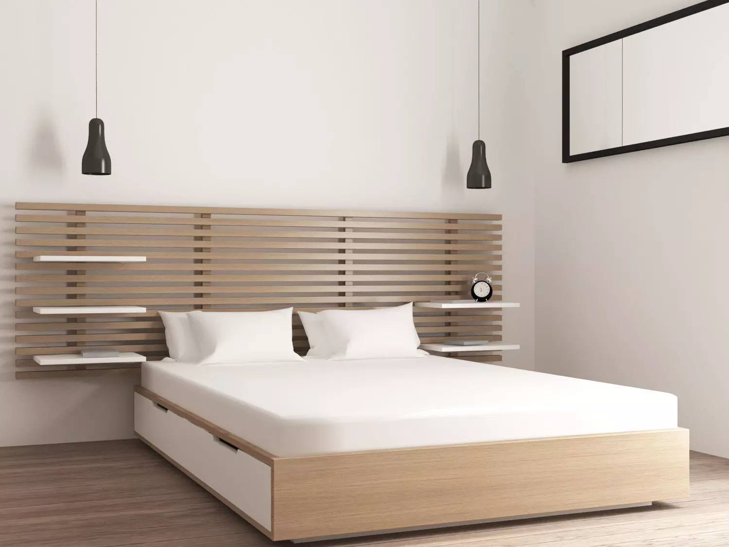 Wooden bed with pillows blanket headboard and storage space Free 3D model