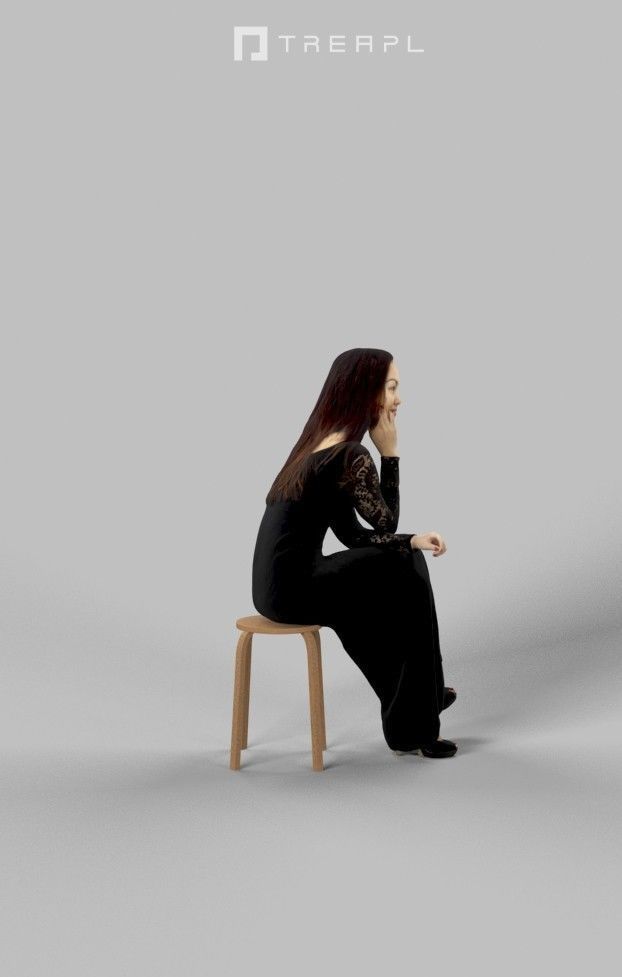Passion Fancy Dress Sitting Woman In Black Dress Observing Low-poly 3D model_3