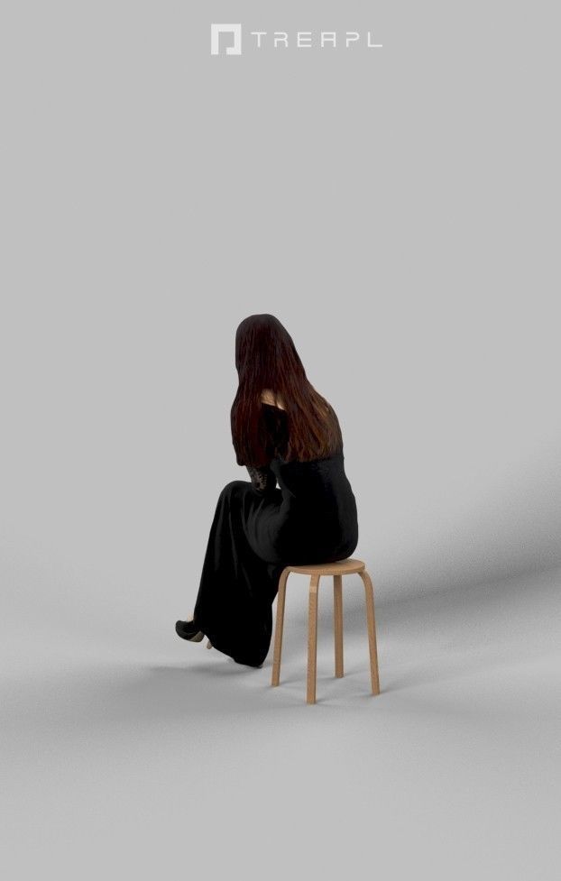 Passion Fancy Dress Sitting Woman In Black Dress Observing Low-poly 3D model_5