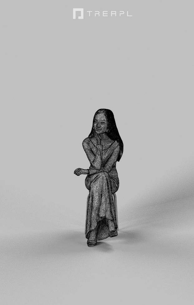 Passion Fancy Dress Sitting Woman In Black Dress Observing Low-poly 3D model_7