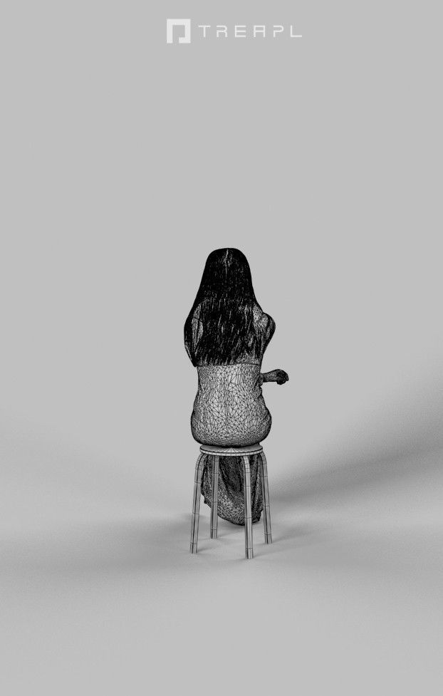 Passion Fancy Dress Sitting Woman In Black Dress Observing Low-poly 3D model_8