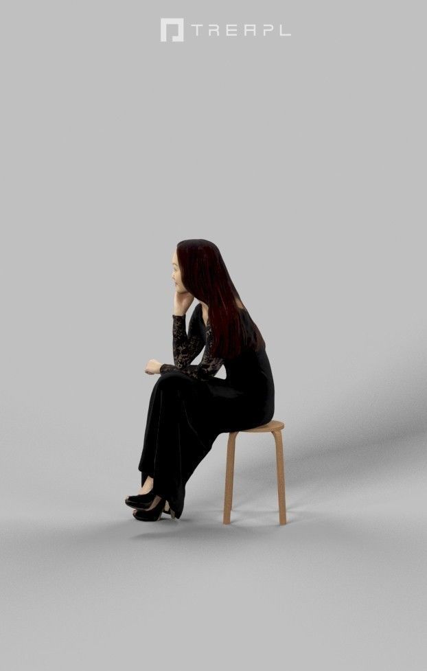 Passion Fancy Dress Sitting Woman In Black Dress Observing Low-poly 3D model_6
