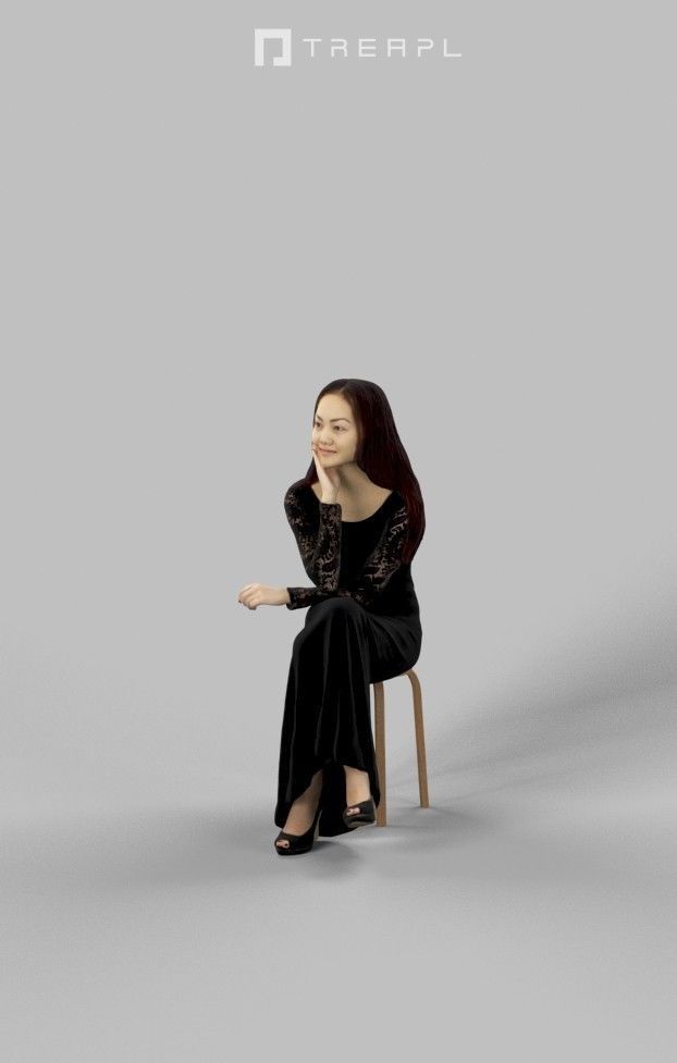 Passion Fancy Dress Sitting Woman In Black Dress Observing Low-poly 3D model_1