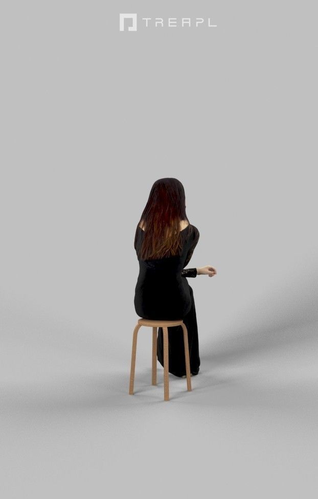 Passion Fancy Dress Sitting Woman In Black Dress Observing Low-poly 3D model_4