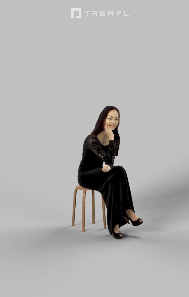 Passion Fancy Dress Sitting Woman In Black Dress Observing Low-poly 3D model_2