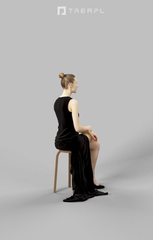 Beauty Fancy Dress Woman In Black Dress Sitting Low-poly 3D model_3