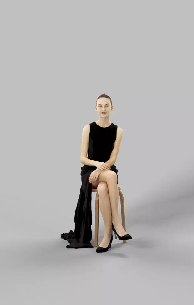 Beauty Fancy Dress Woman In Black Dress Sitting Low-poly 3D model_0