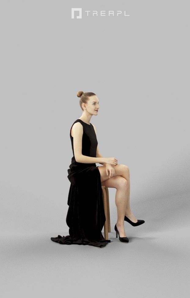 Beauty Fancy Dress Woman In Black Dress Sitting Low-poly 3D model_2