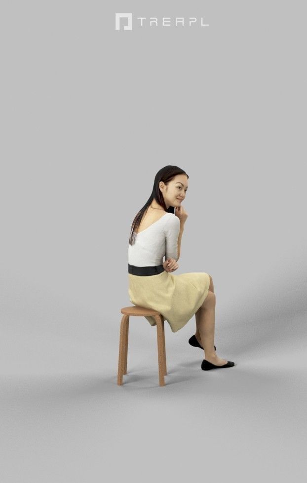 Passion Elegant Asian Woman In A Skirt Sitting Listening Low-poly 3D model_2