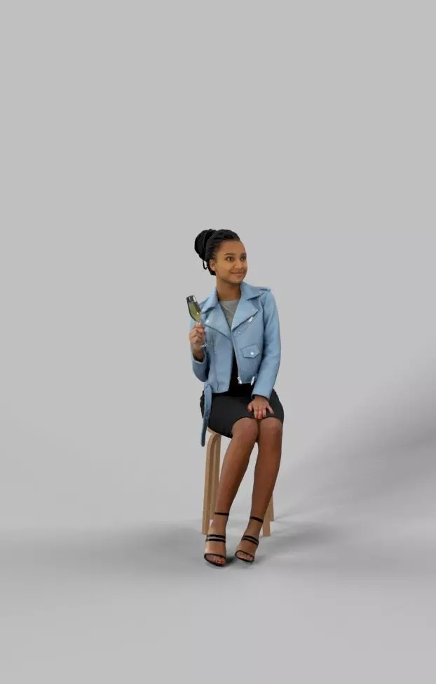 Sitting Woman  Casual African Leather Jacket with Champagne Low-poly 3D model_0