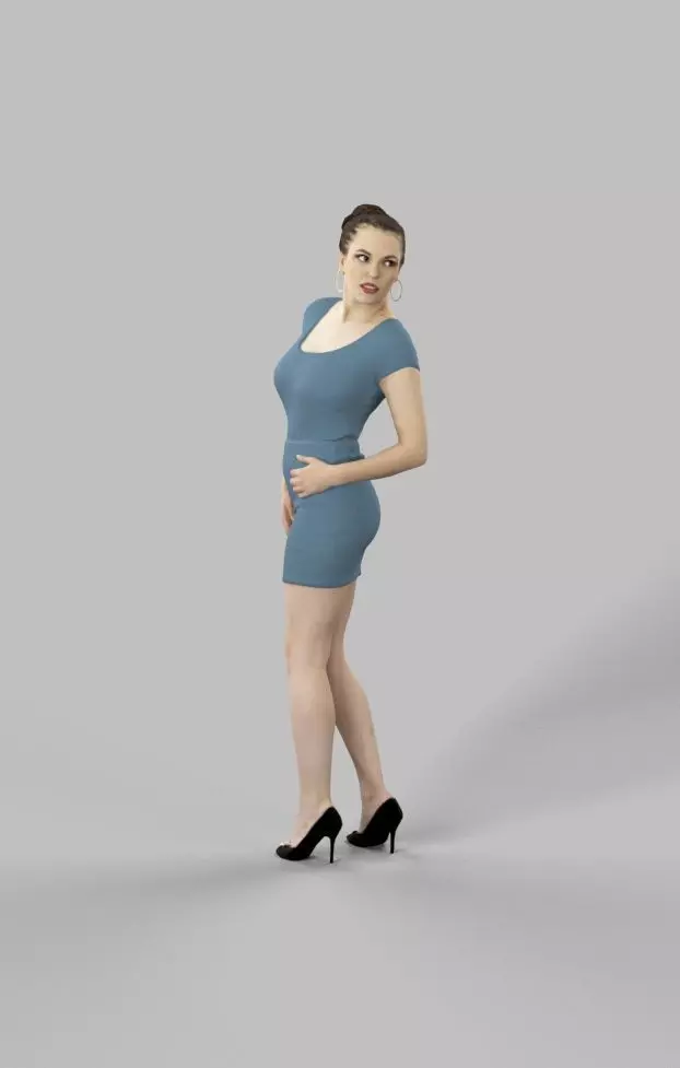 Dominica Smart Casual Woman In Blue Dress Looking back Low-poly 3D model_0