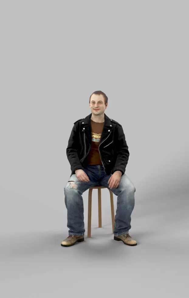 Sitting Man Victory In A Leather Jacket And Torn Jeans Punk Rock Low-poly 3D model_0