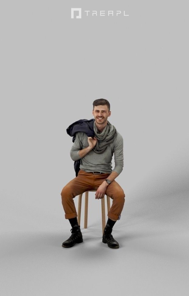 Posture A Casual Man Sitting In A Cafe Listening Low-poly 3D model_1