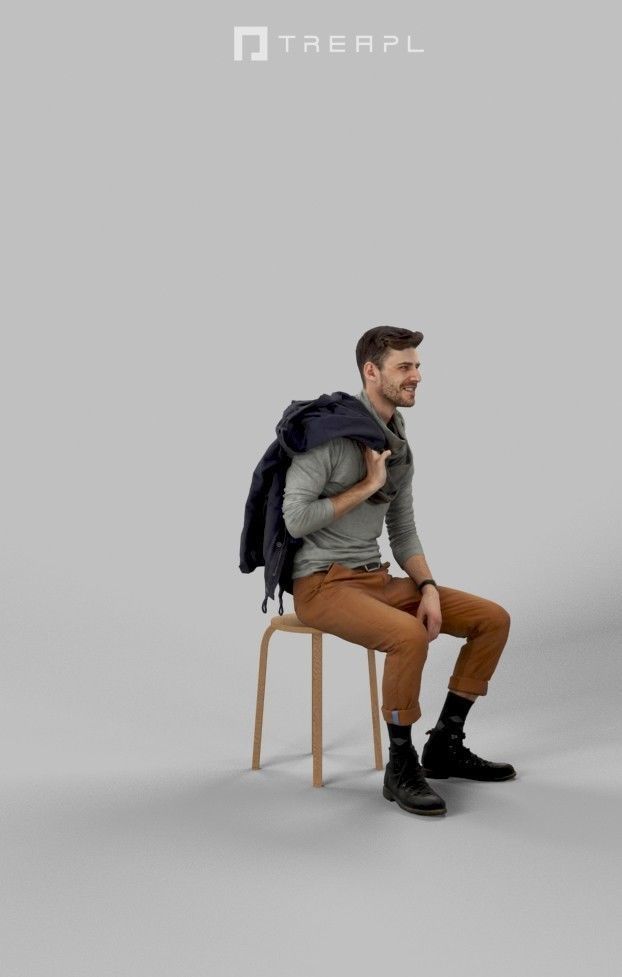 Posture A Casual Man Sitting In A Cafe Listening Low-poly 3D model_2