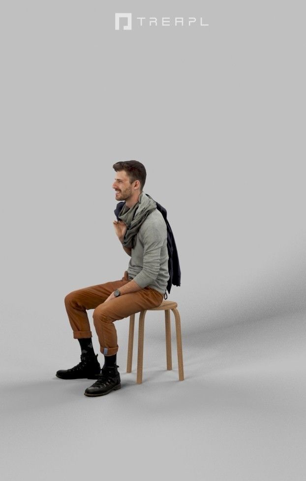 Posture A Casual Man Sitting In A Cafe Listening Low-poly 3D model_6