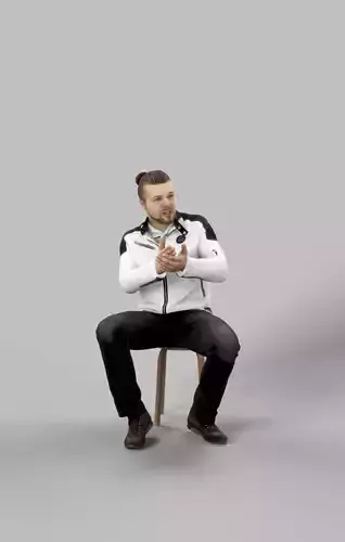 Keen A Casual Man Sitting In A White Jacket Explaining Low-poly 3D model